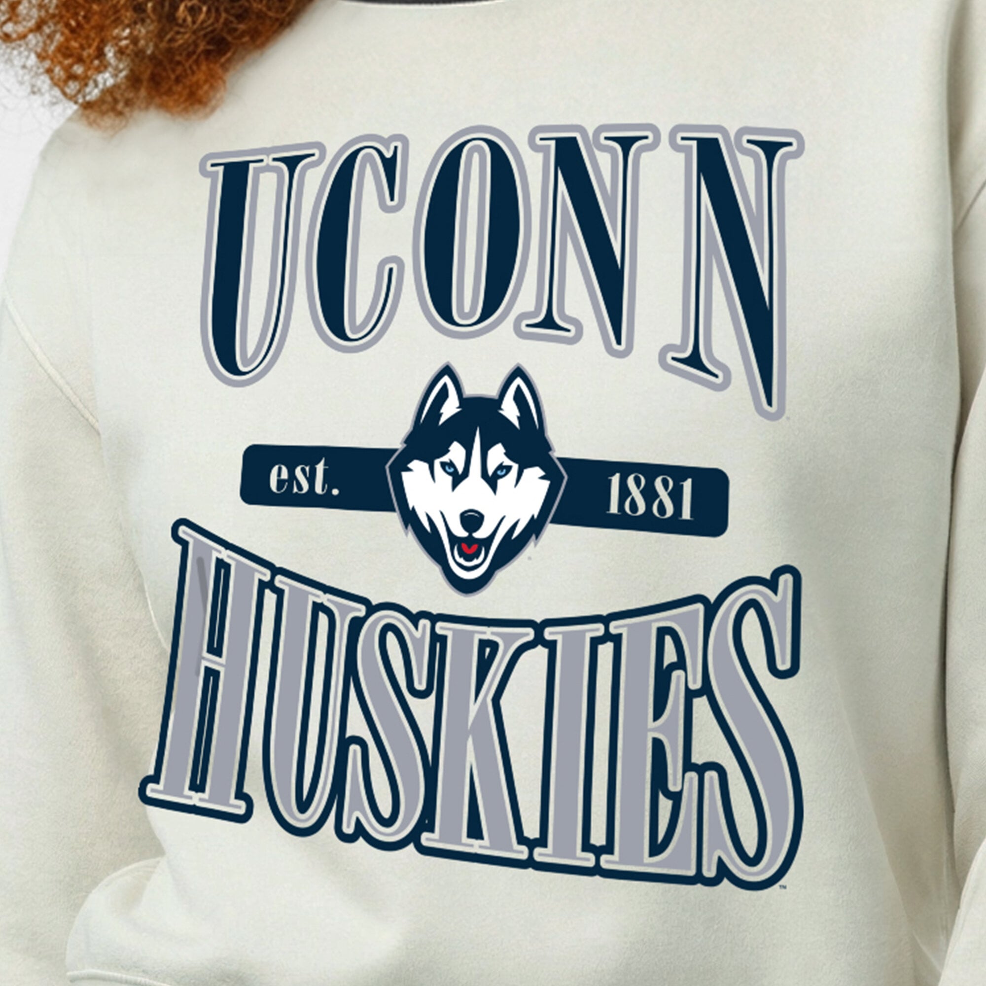 Women's Champion White UConn Huskies Yarn Dye Rib Reverse Weave Crew Sweatshirt